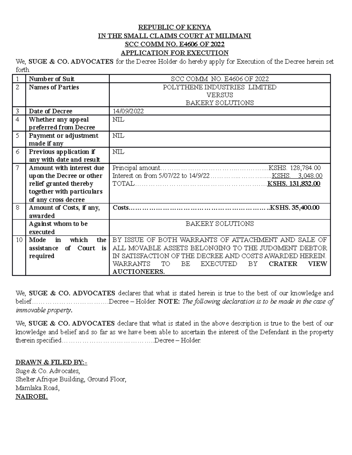 Bakery solutions warrants - REPUBLIC OF KENYA IN THE SMALL CLAIMS COURT ...