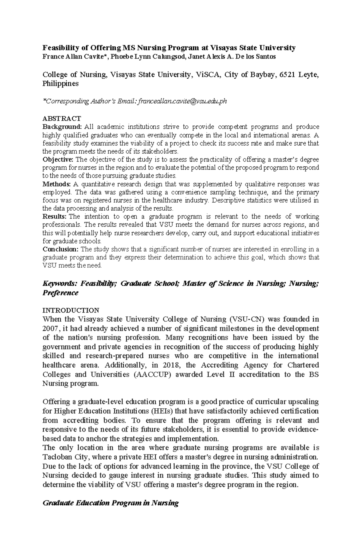 Feasibility of Offering MS Nursing Program at Visayas State University ...