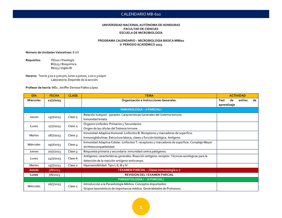 Calendario Mb610 Ii Sem 2023 Universidad Nacional Aut”noma De Honduras Facultad De Ciencias 3823