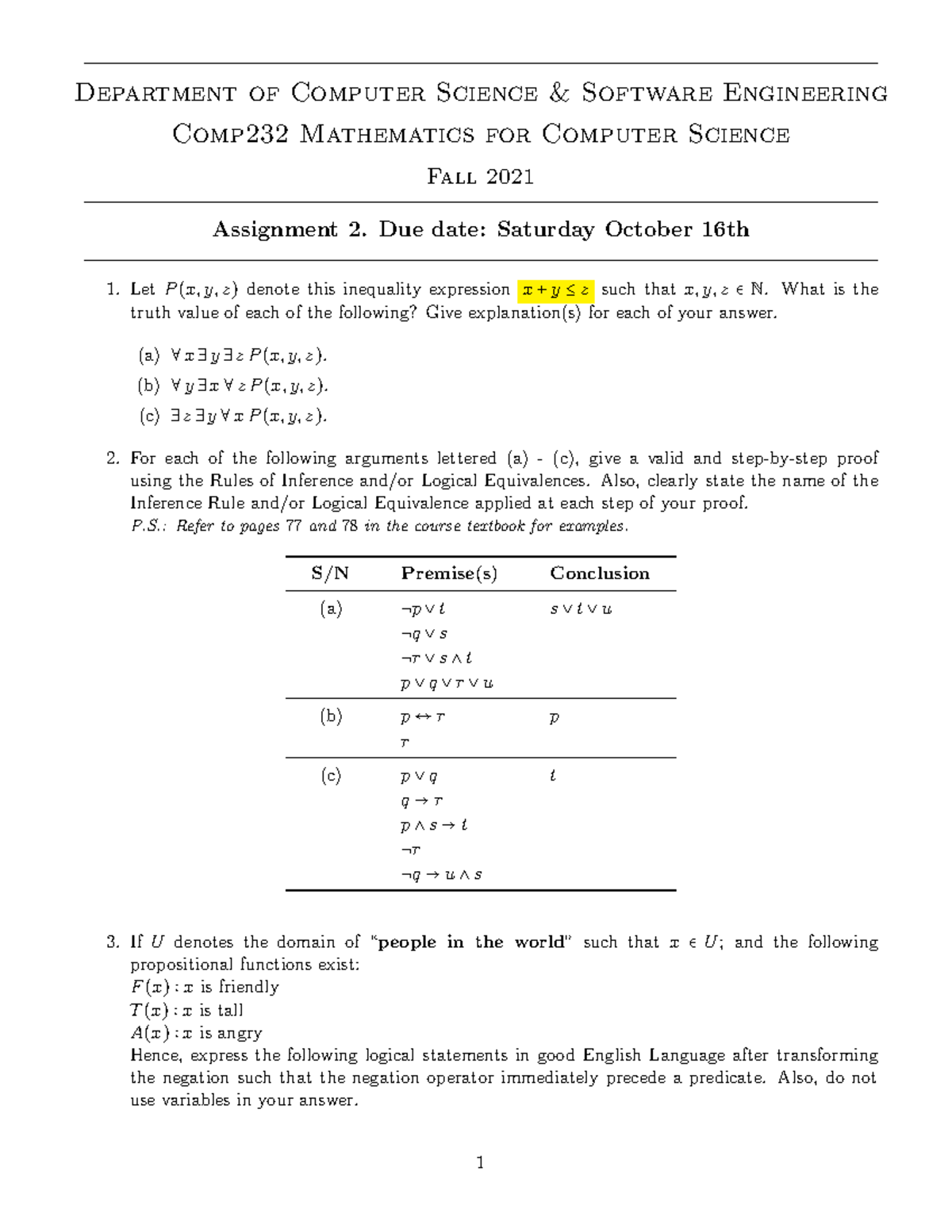 COMP 232- Mathematics for Computer Science Assignment 2 - Fall 2021 ...
