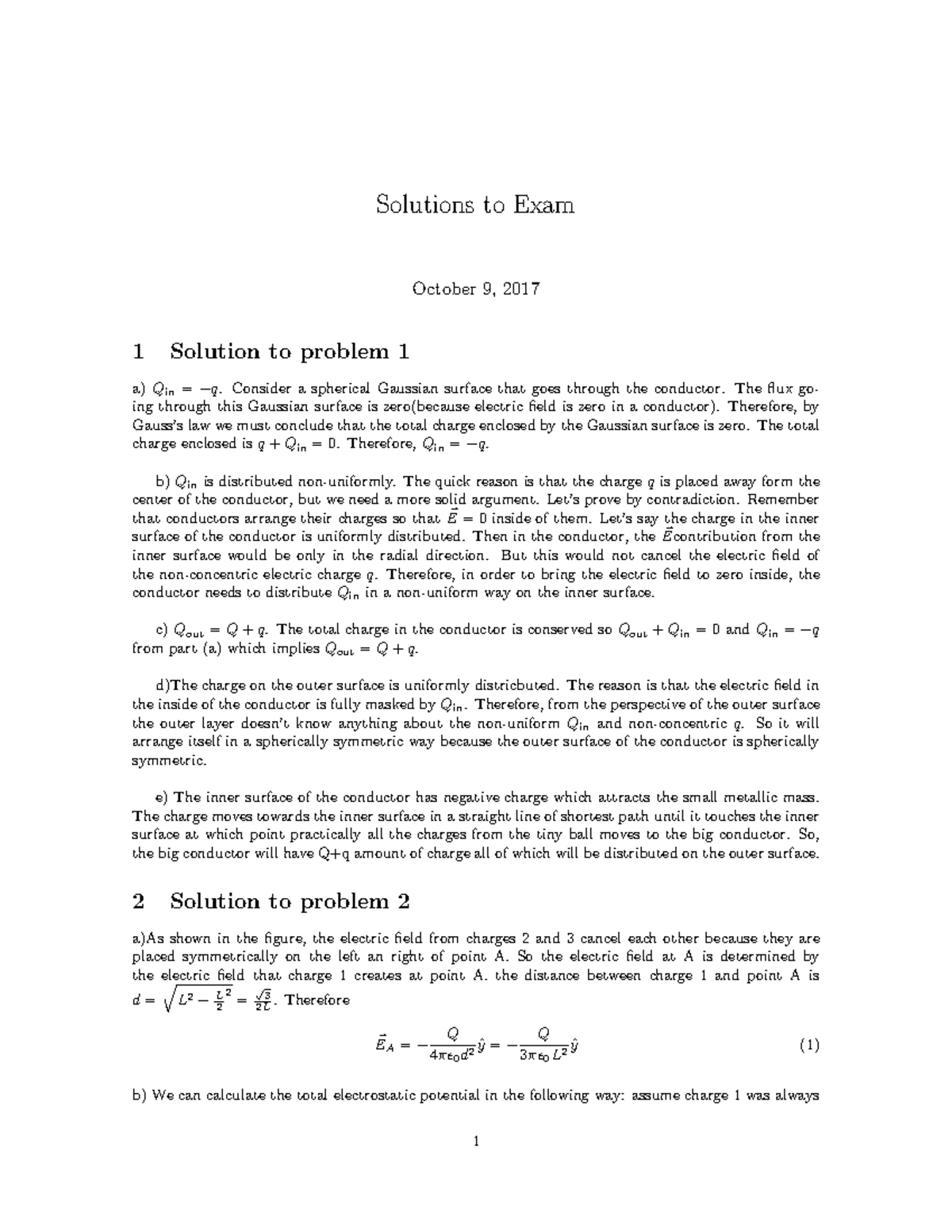 Fall 2017 physics 8B MT1 solutions - Solutions to Exam October 9, 2017 ...