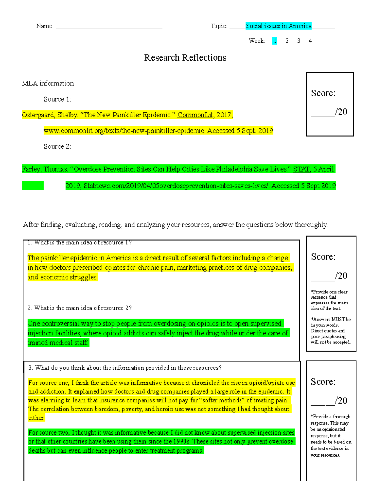 Example reflection sheet 2019 - Name ...