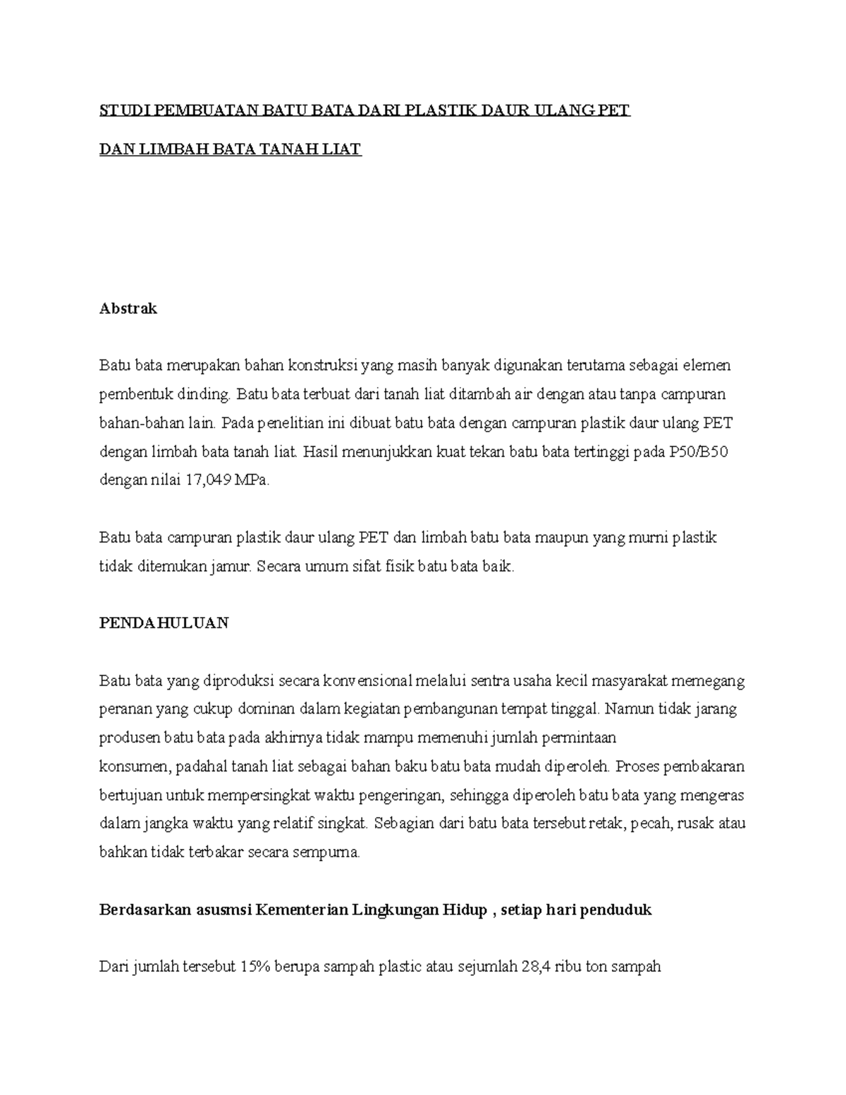 Studi Pembuatan BATU BATA DARI Plastik DAUR Ulang PET - STUDI PEMBUATAN