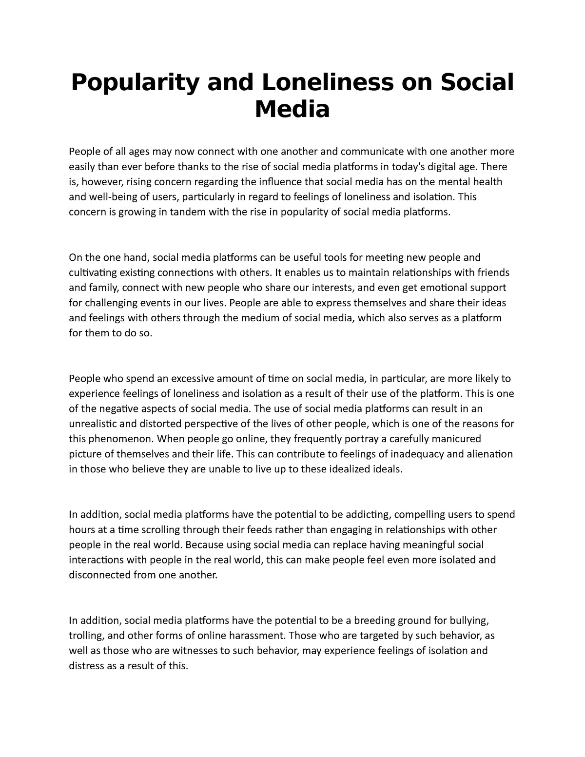 social media and loneliness essay