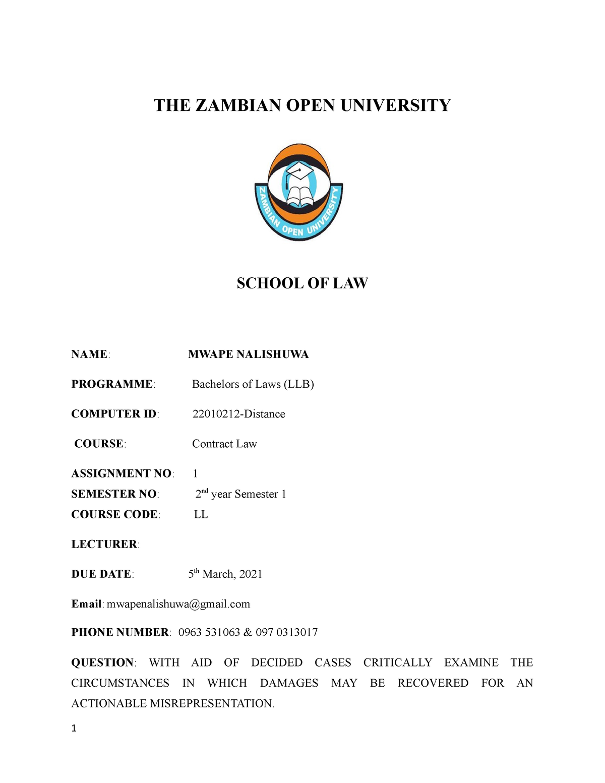 zambian open university assignments