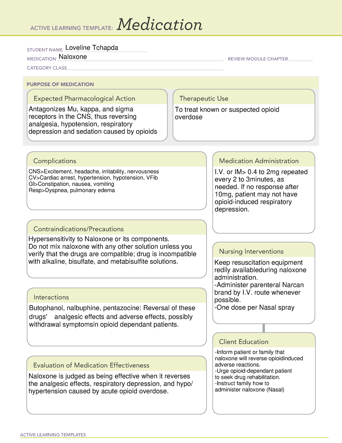 ATI Template Medication for Naloxone ACTIVE LEARNING TEMPLATES