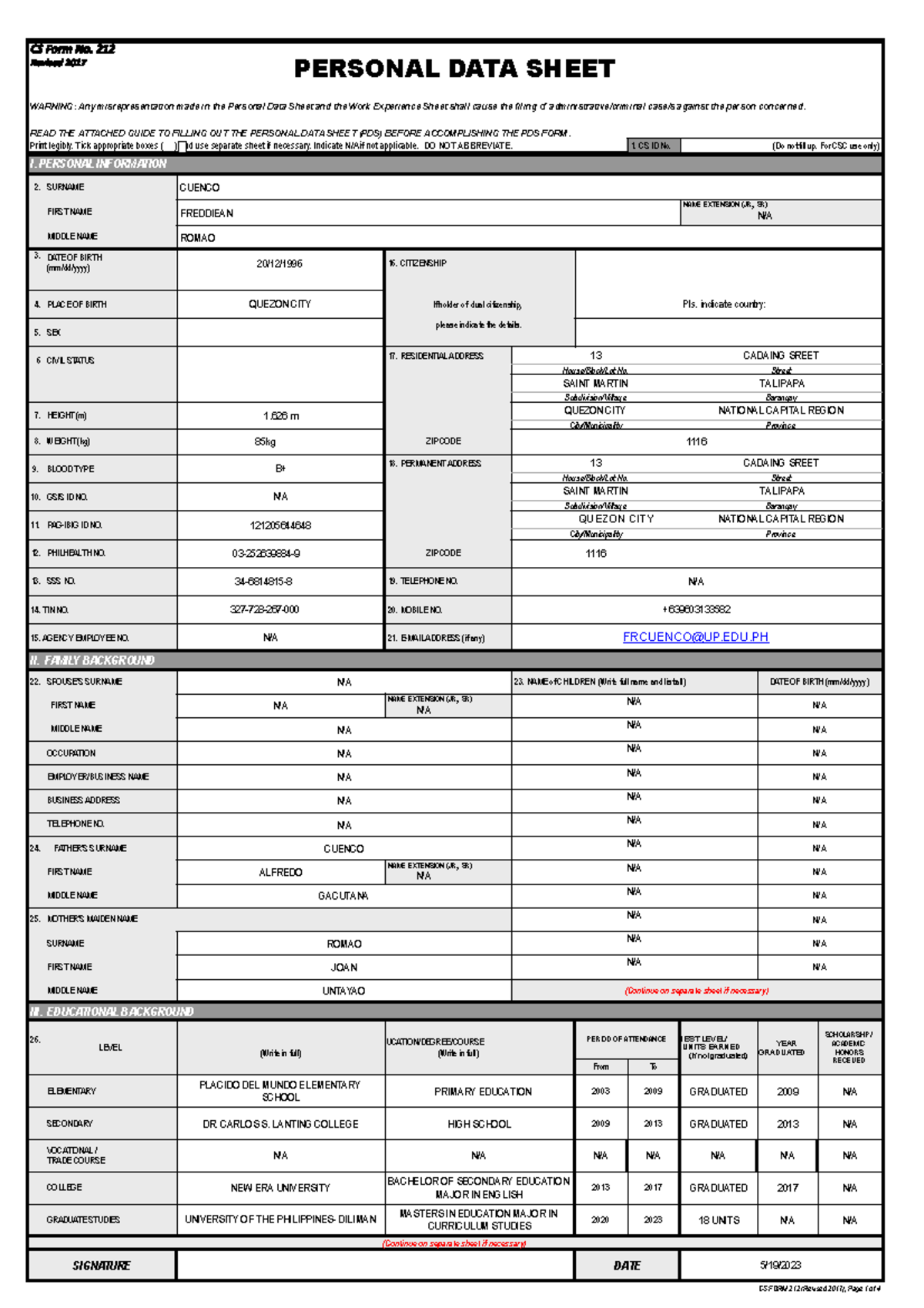 CSFormNo PERSONAL DATA SHEET WARNING Any misrepresentation made in