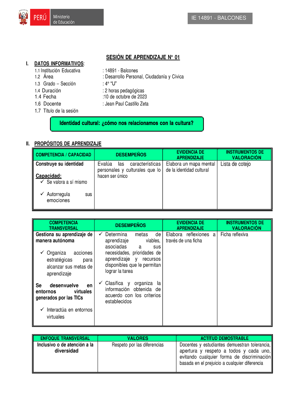 Sesion De Aprendizaje N°01 4°u Dpcc SesiÓn De Aprendizaje N° 01 I