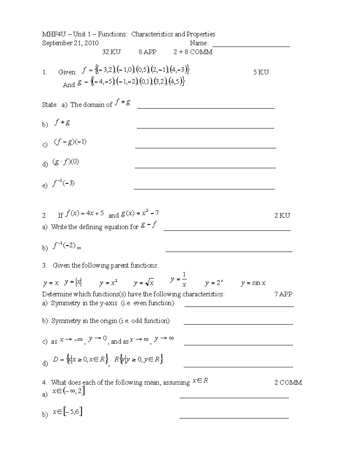 Chapter 1 MHF4U test - HERE YOU GO - MHF4U – Unit 1 – Functions ...