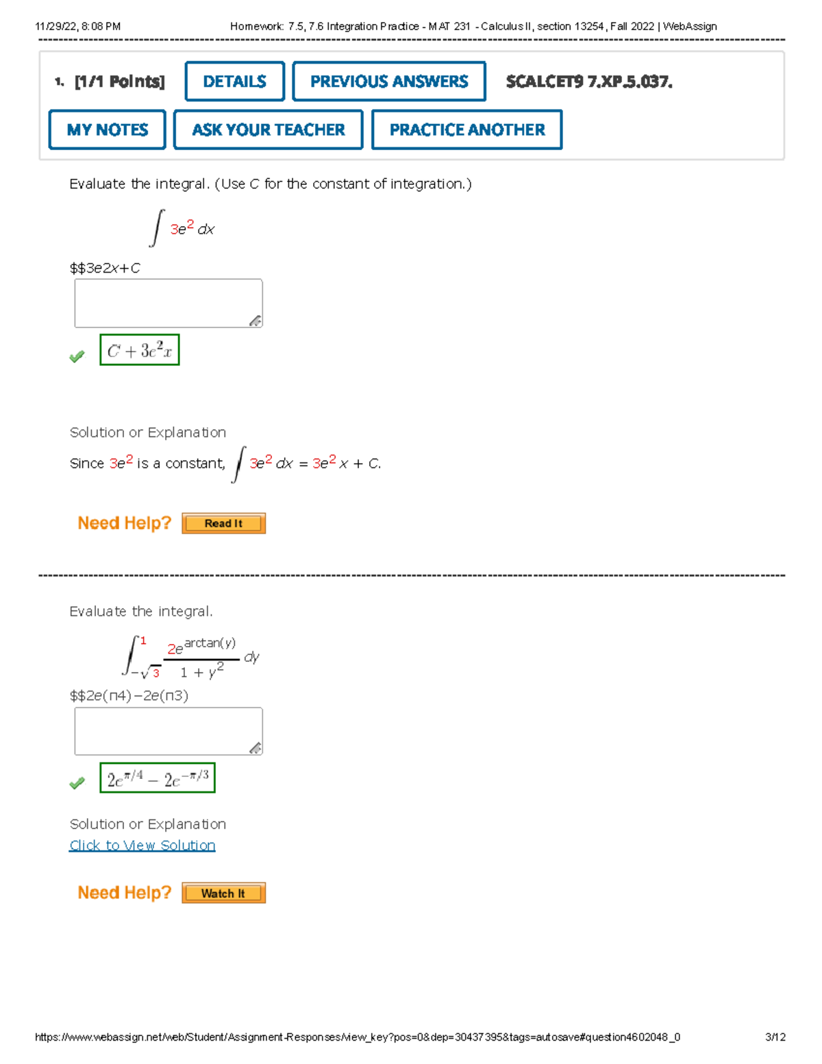 Homework 75 76 Integration Practice Mat 231 Calculus Ii Section 13254 Fall 2022 Web 6979