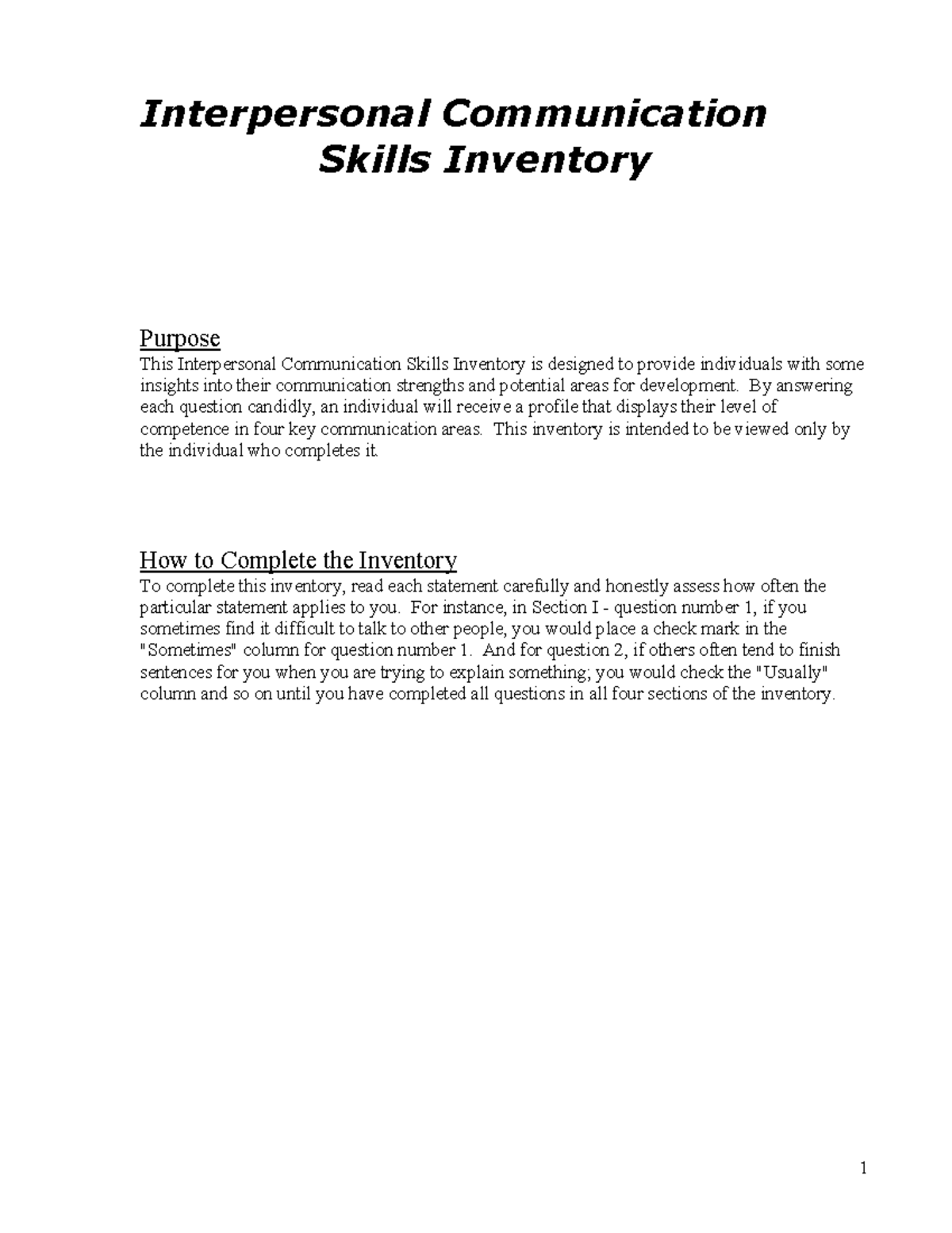 Interpersonal Communication Skills Inventory - By answering each ...