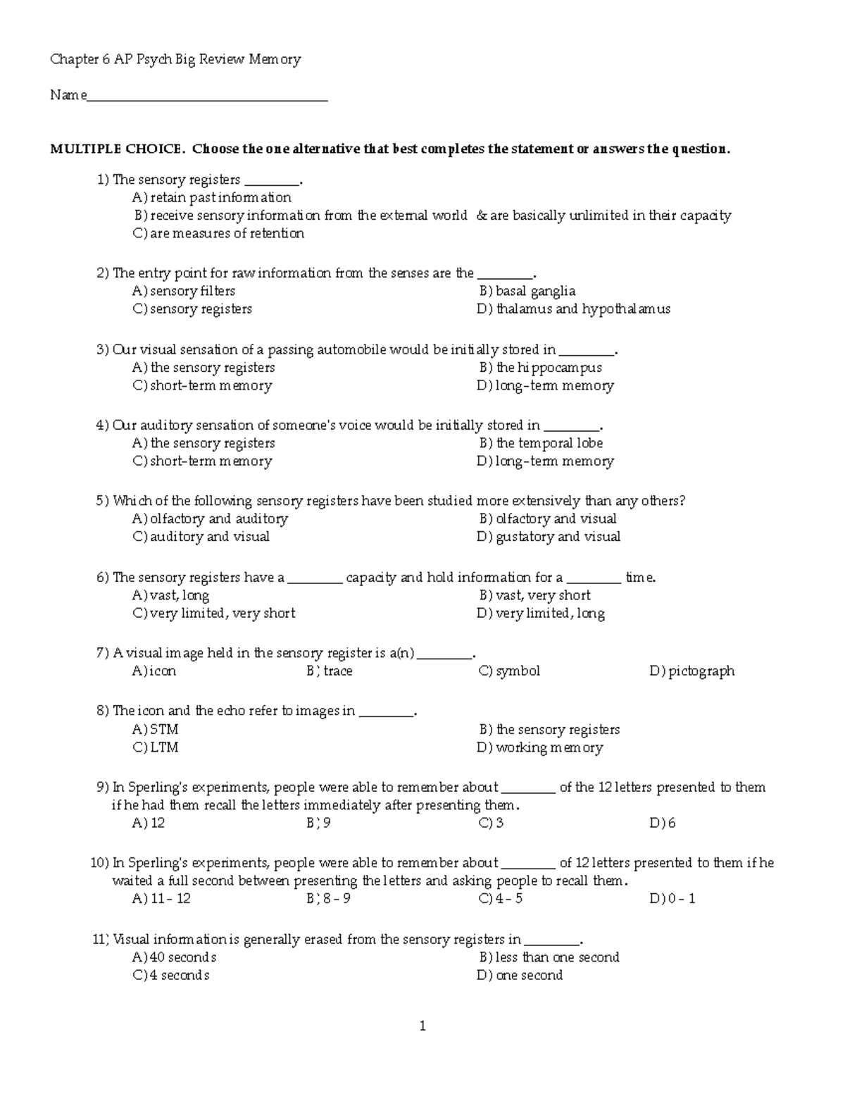 Ch 6 Big Review - Study questions on neurons. - Chapter 6 AP Psych Big ...