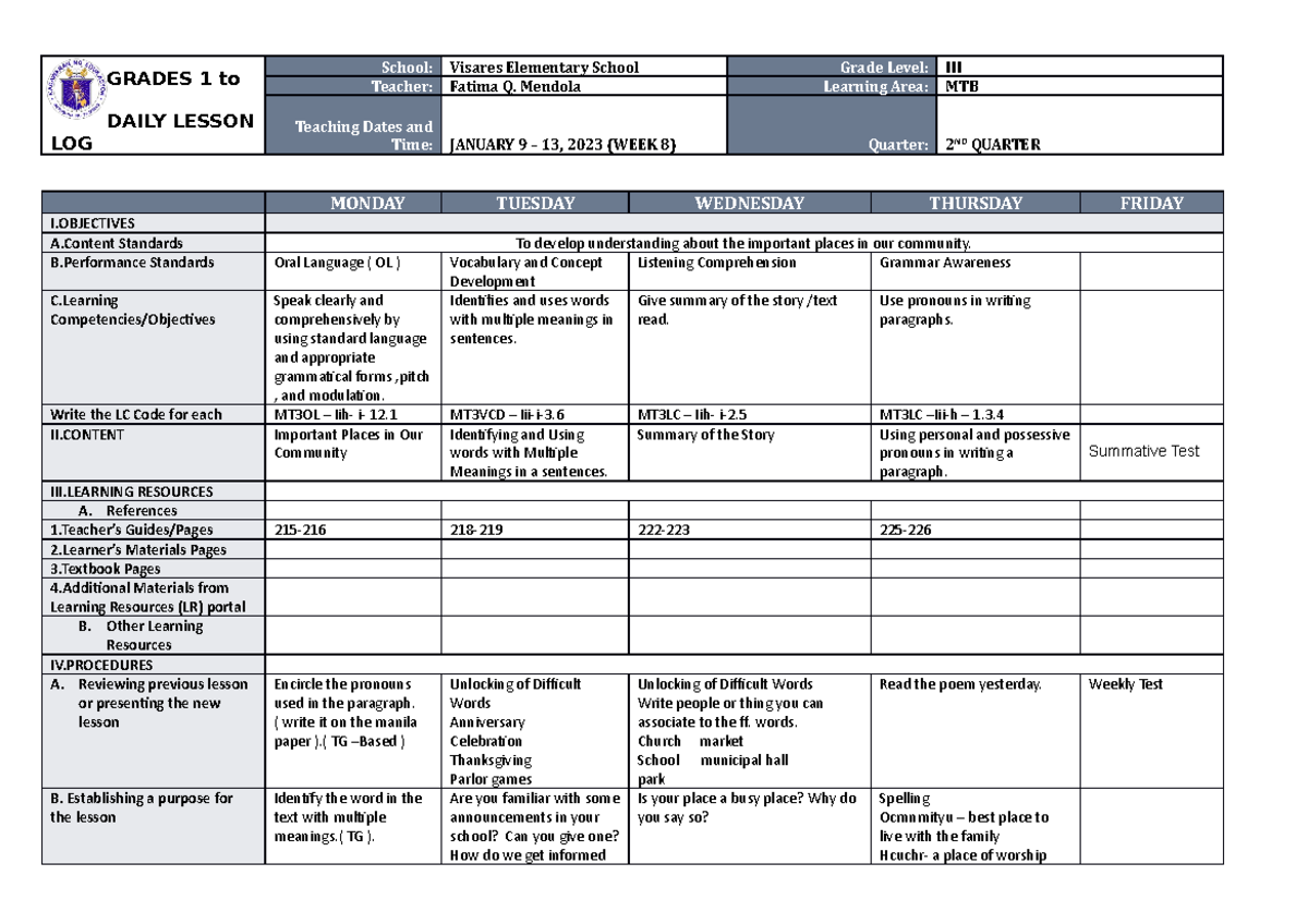 DLL MTB 3 Q2 W8 - okay - GRADES 1 to 12 DAILY LESSON LOG School ...