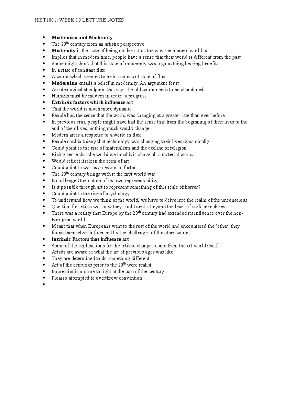 Week 10 - Modernism and Modernity - HIST1801: WEEK 10 LECTURE NOTES ...