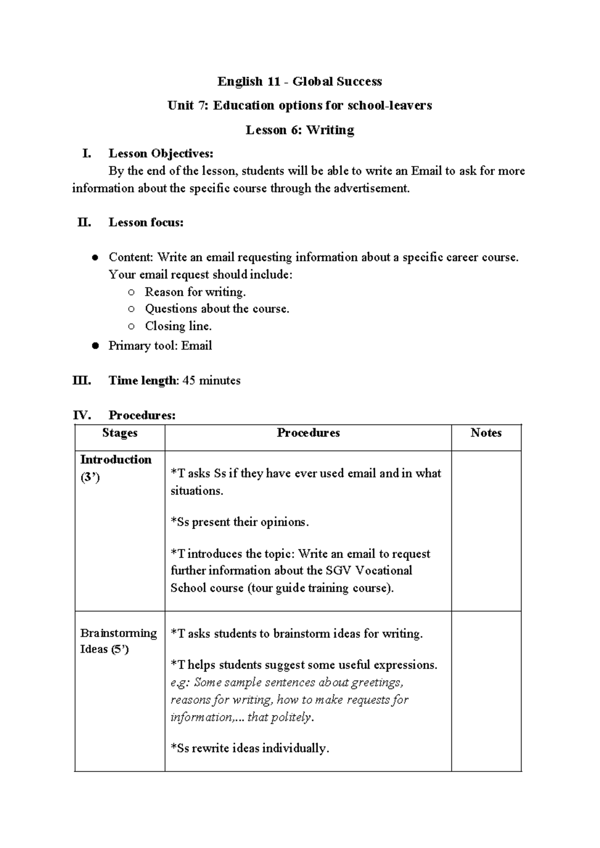 LP email - English 11 - Global Success Unit 7: Education options for ...