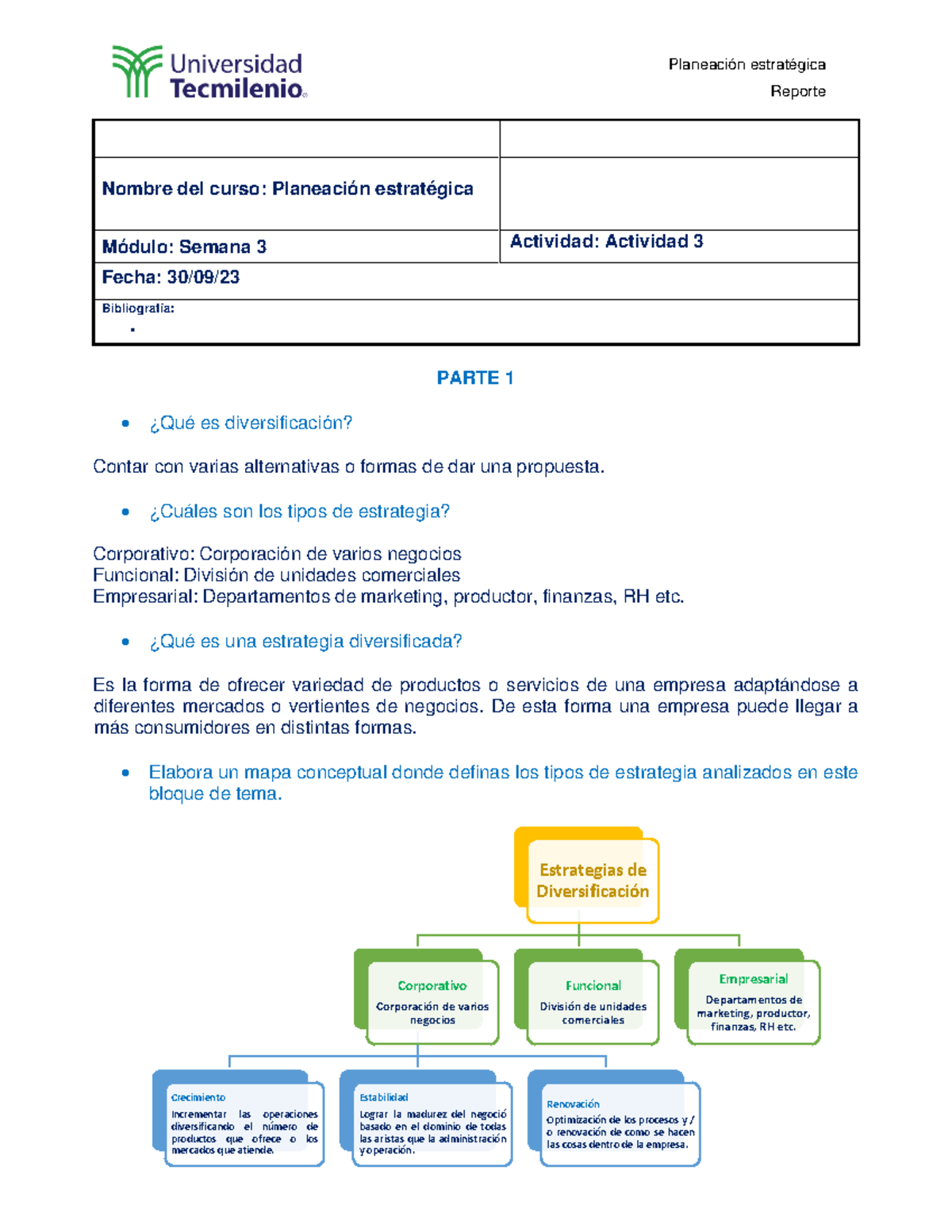 Ejercicio 3 Planeación estratégica - Reporte Nombre del curso ...