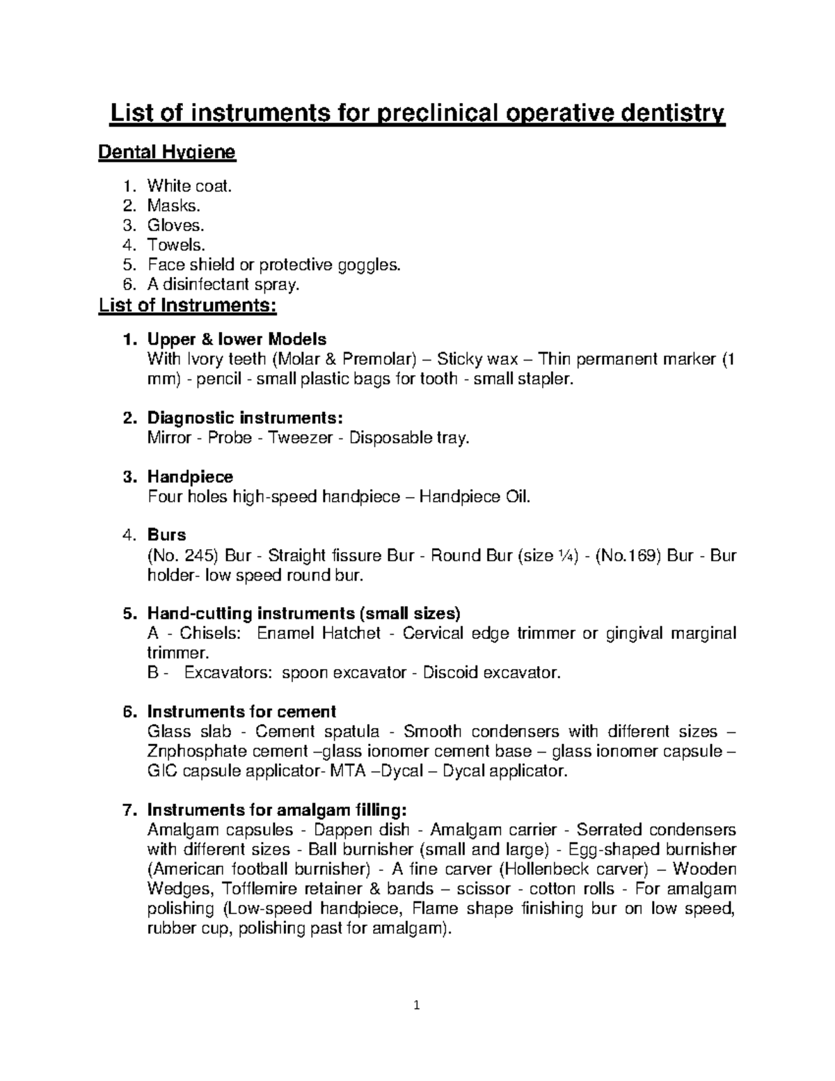 Instrument list with photo List of instruments for preclinical