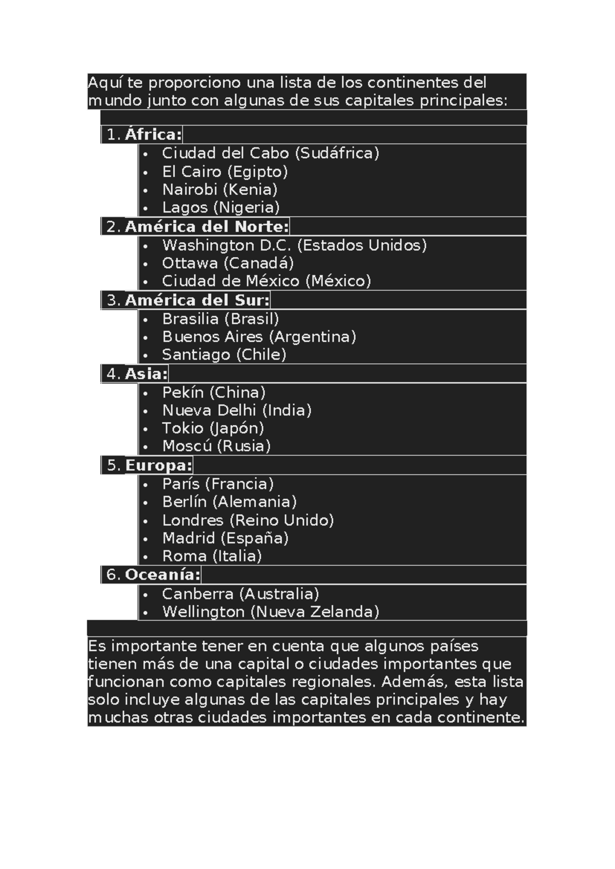 Continentes y capitales - Aquí te proporciono una lista de los ...