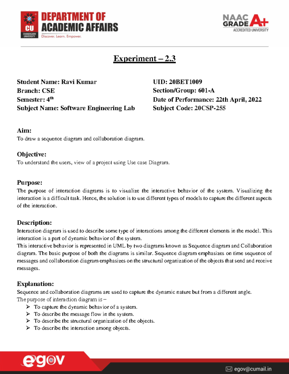 Experiment 2.3 Qn 2 - Software Engineering Lab Worksheet - Experiment ...