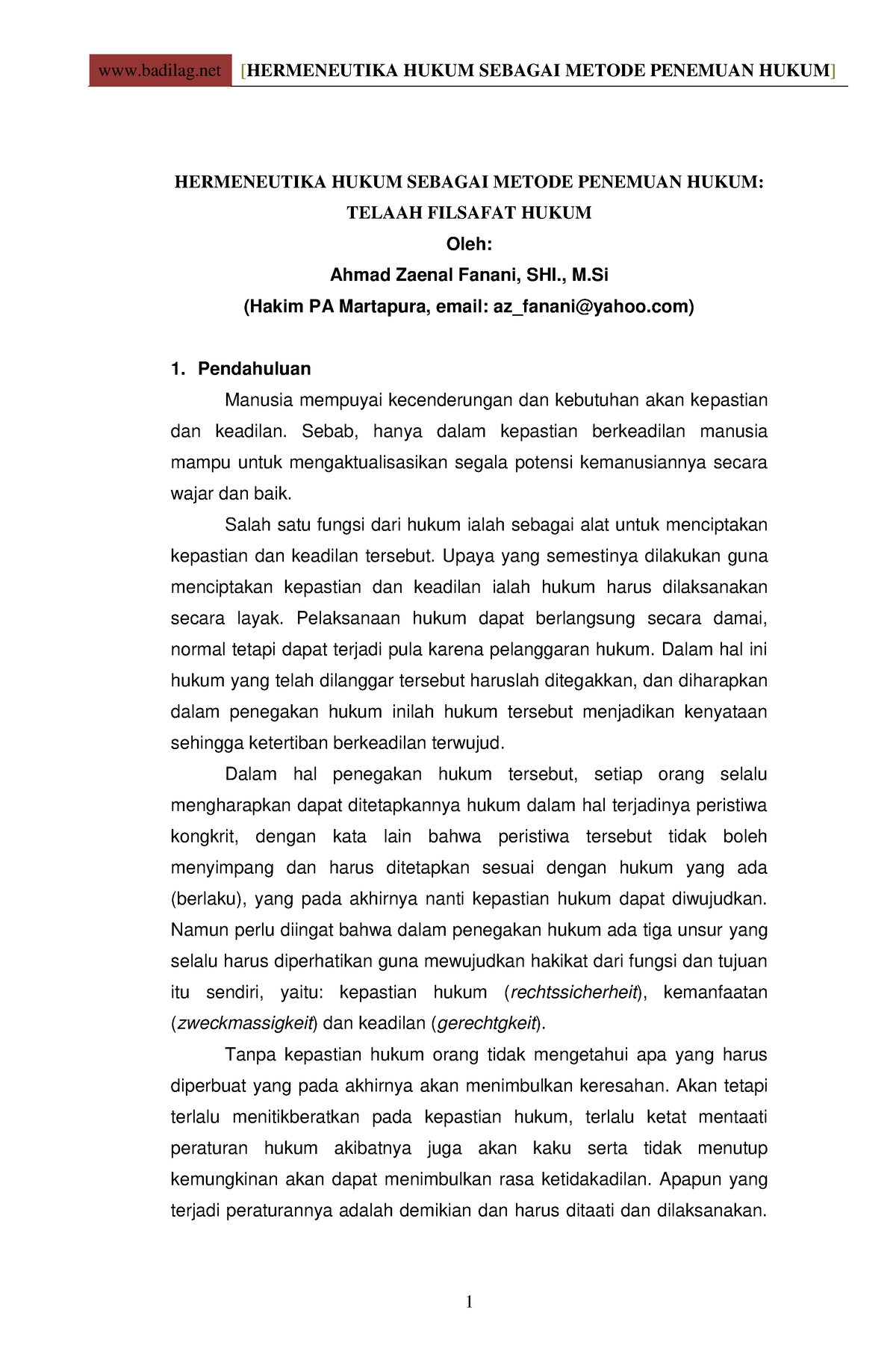 Jurnal Filsafat Hukum - HERMENEUTIKA HUKUM SEBAGAI METODE PENEMUAN ...