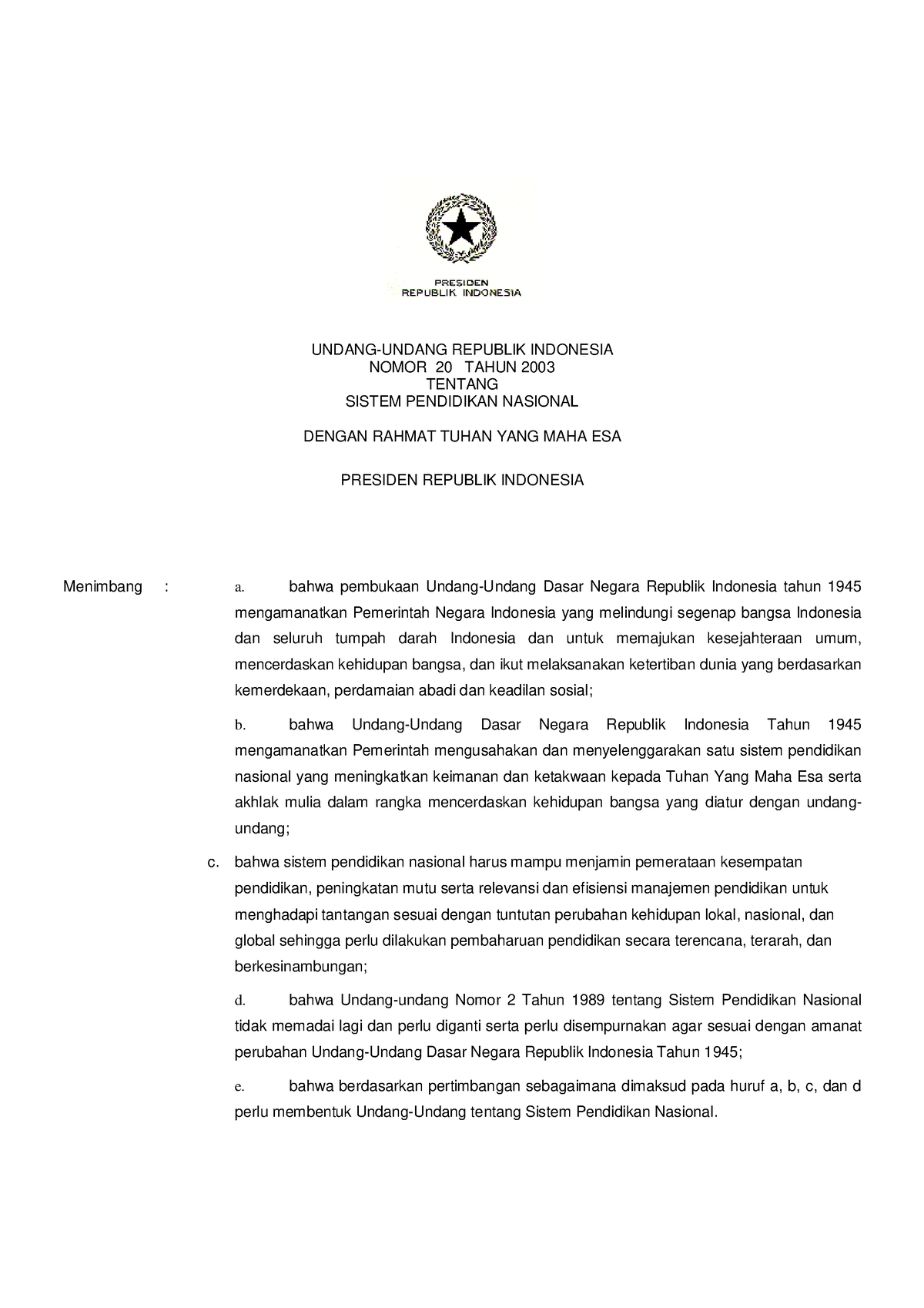 2019 Uu Sistem Pendidikan Nasiona Tahun 2003 Undang Undang Republik