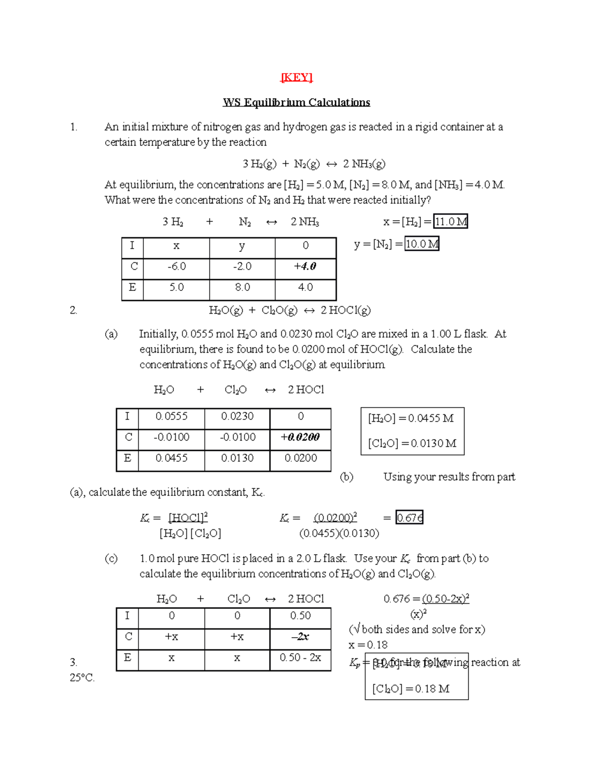 WS Eq Calcs KEY - [KEY] WS Equilibrium Calculations An initial mixture ...