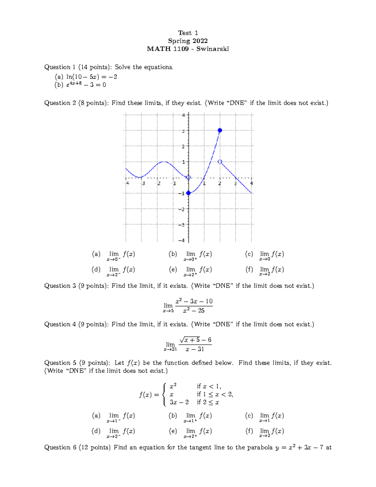 MATH 1109 Spring 2022 Test 1 - Test 1 Spring 2022 MATH 1109 - Swinarski ...