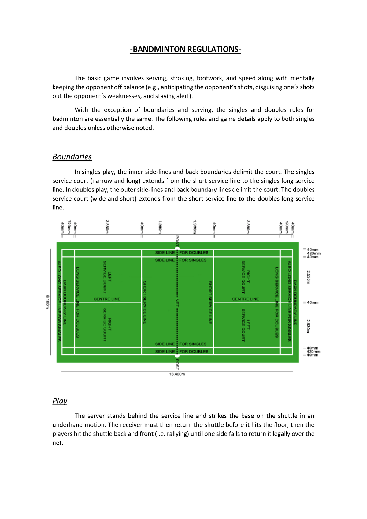 Bandminton Regulations -BANDMINTON REGULATIONS- The basic game involves ...