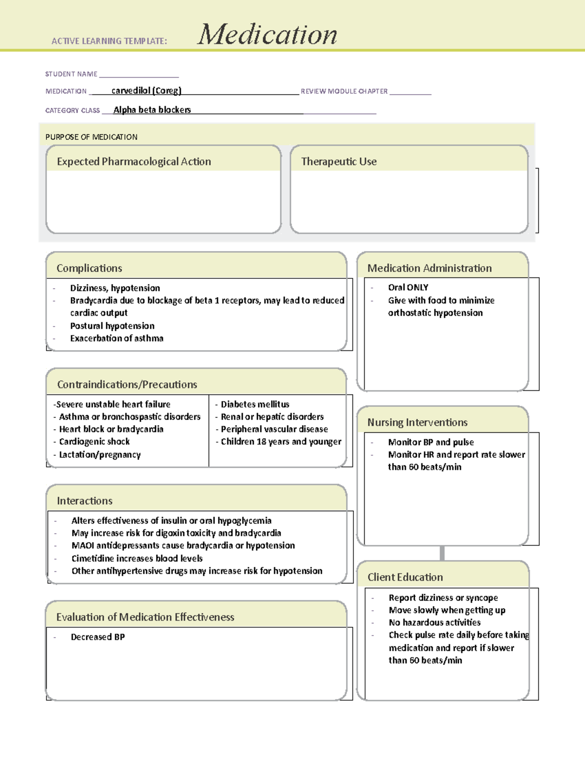 Carvedilol (Coreg) - Medication Template - STUDENT NAME ...