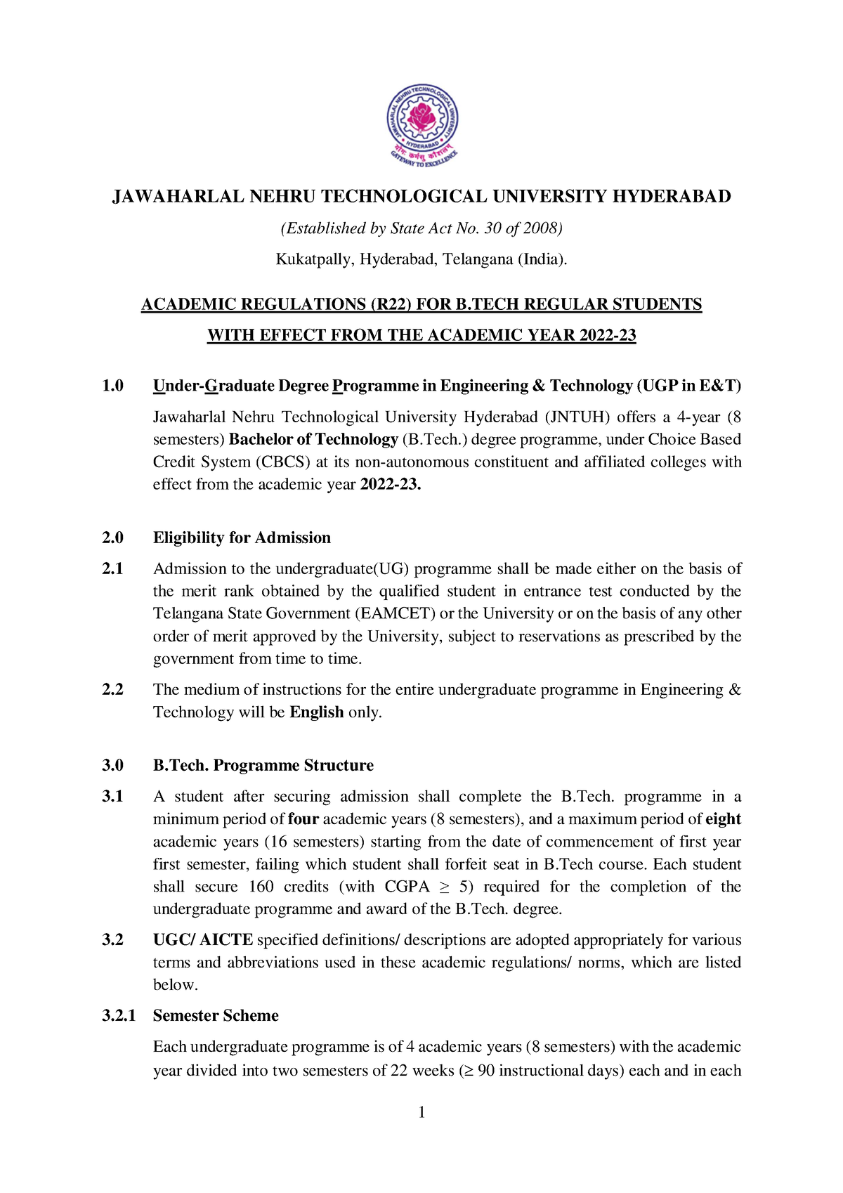 Jntuh B.Tech. Modified Academic Regulations - JAWAHARLAL NEHRU ...