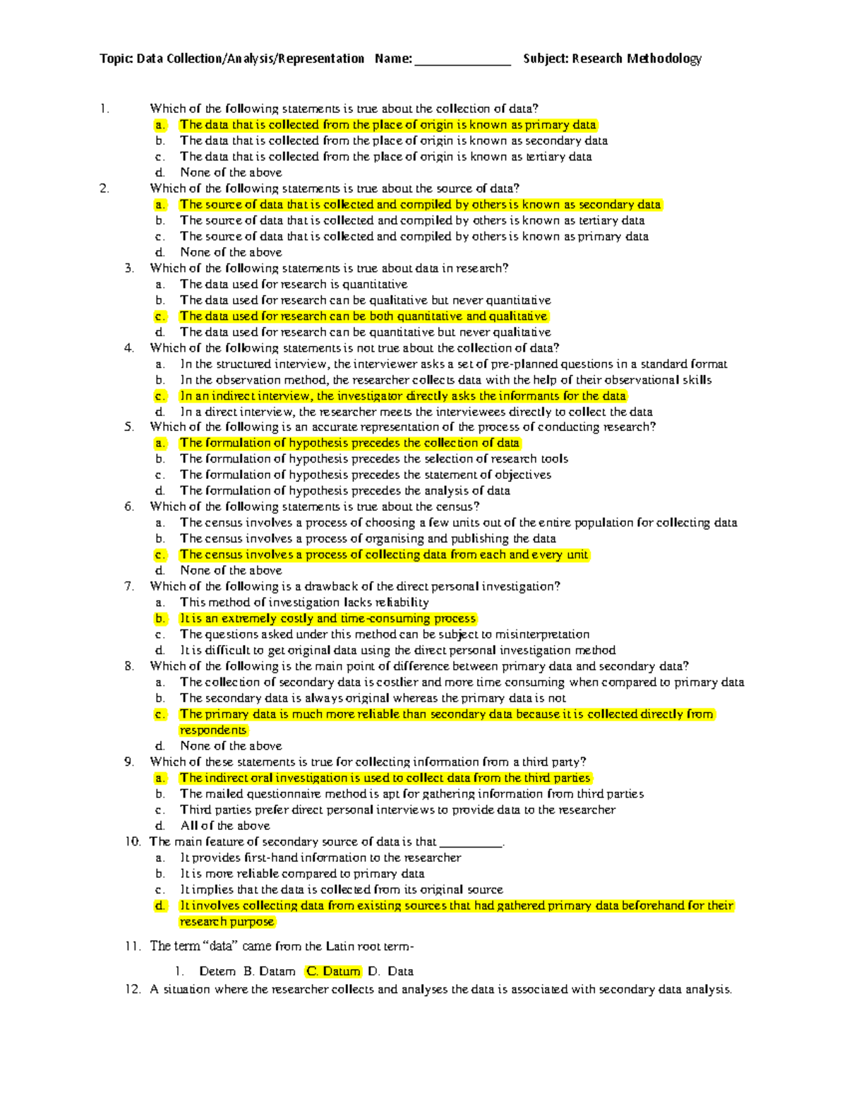 Research methodology data collection test - Topic: Data Collection ...