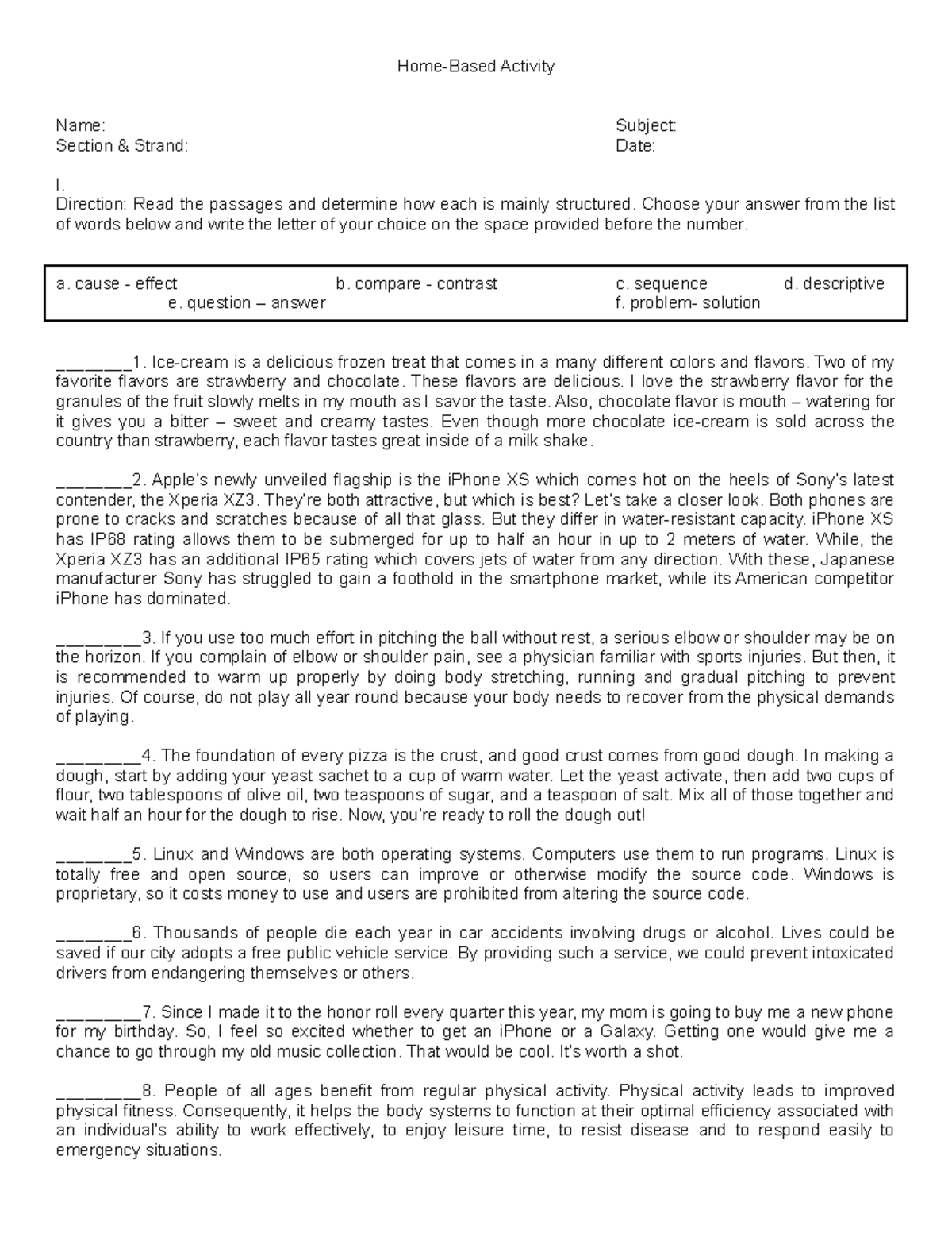 Activity EAPP TEXT Structure - Home-Based Activity Name: Subject ...