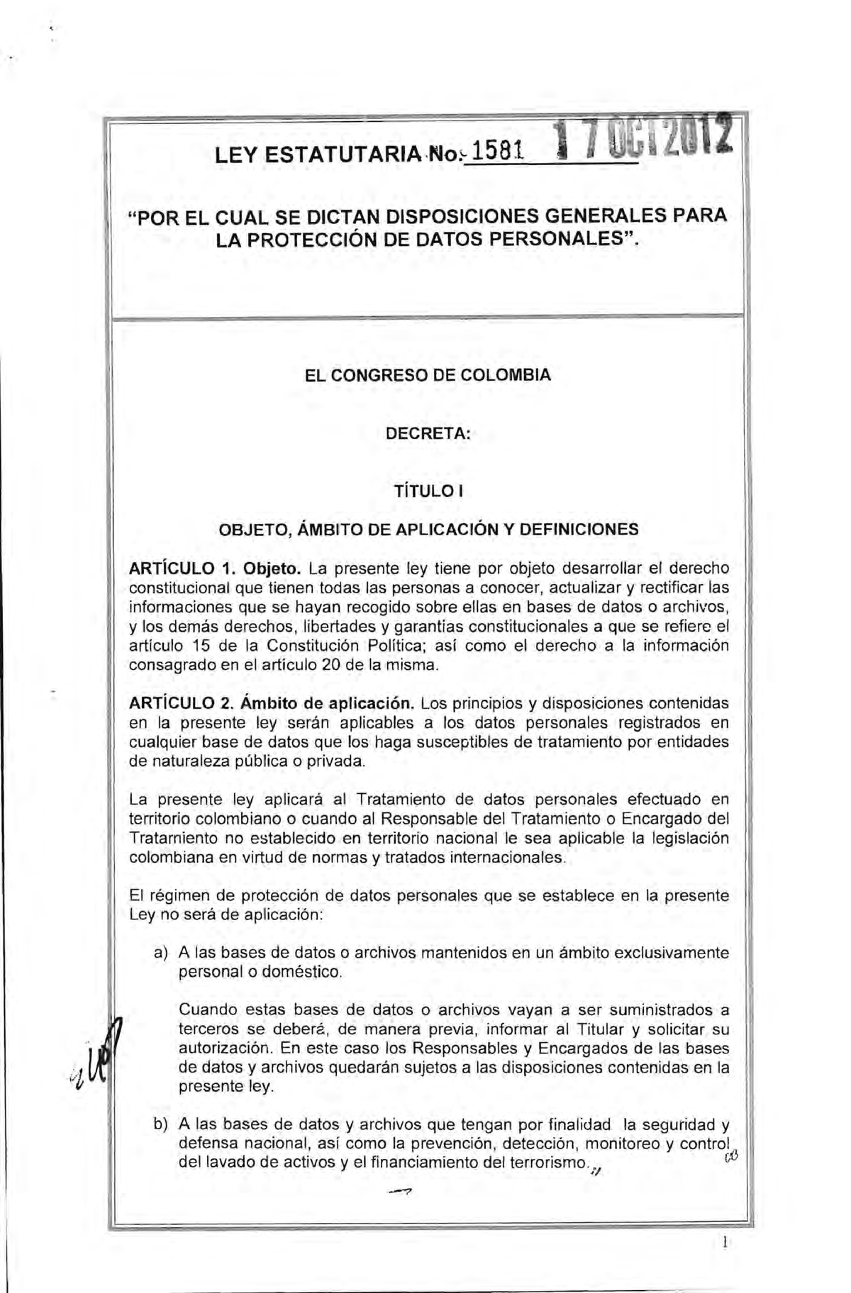 Ley1581de2012 - Documento Consulta - LEY ESTATUTARIA~ 1581 · 1 ~t· Ilti ...