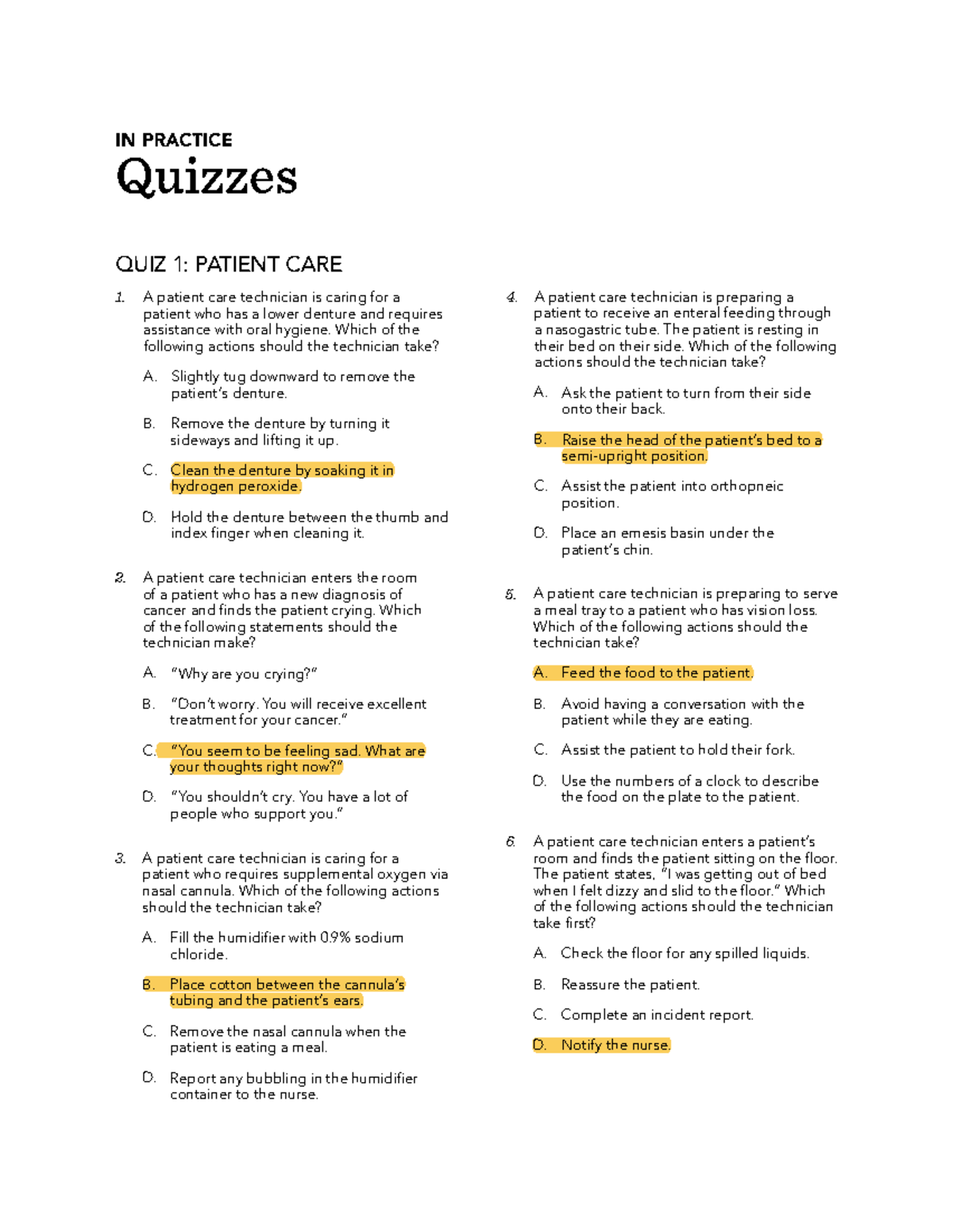CPCT Study Quizzes nursing IN PRACTICE Quizzes· QUIZ 1 PATIENT