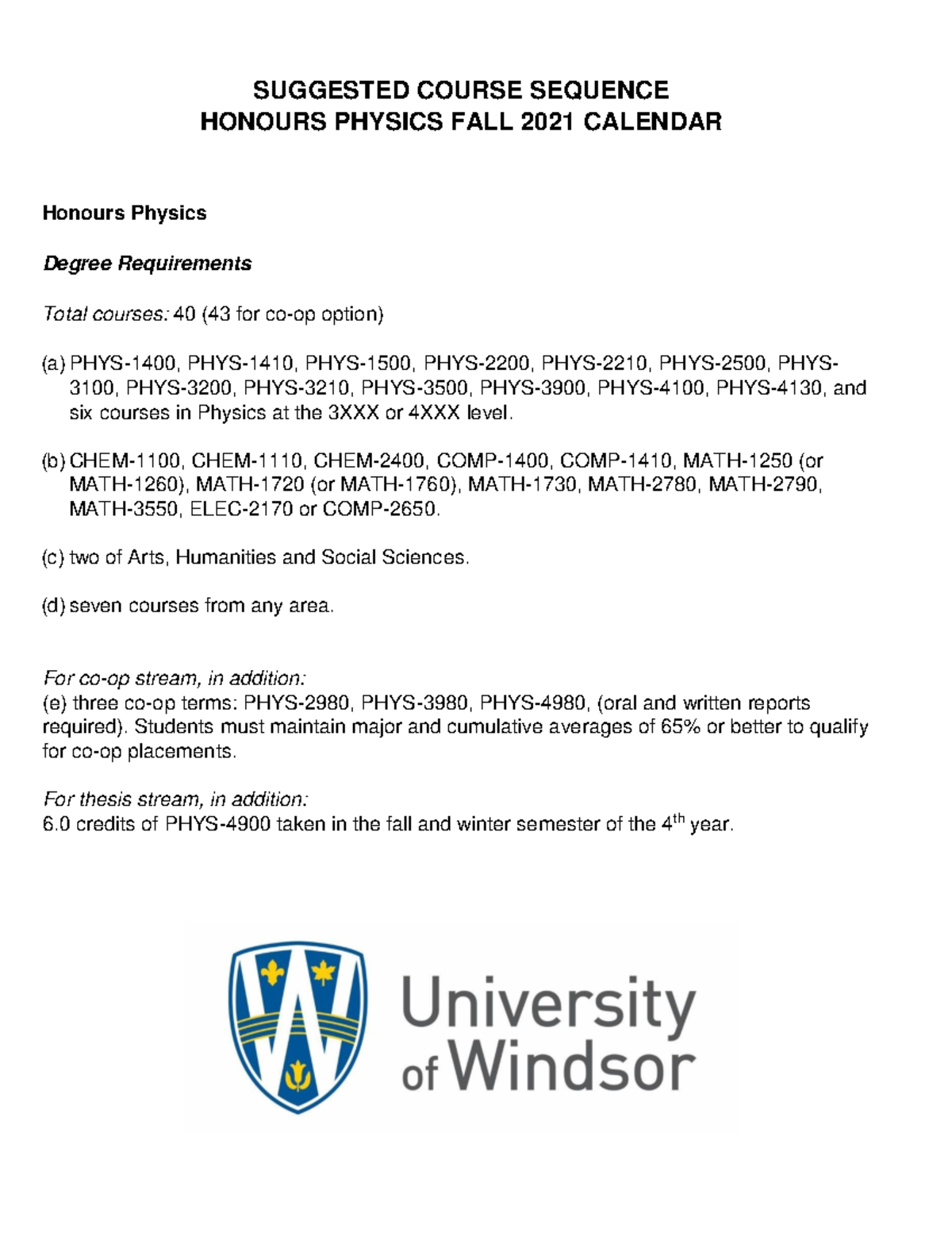 Honours physics 4 year course sequence fall 2021 SUGGESTED COURSE