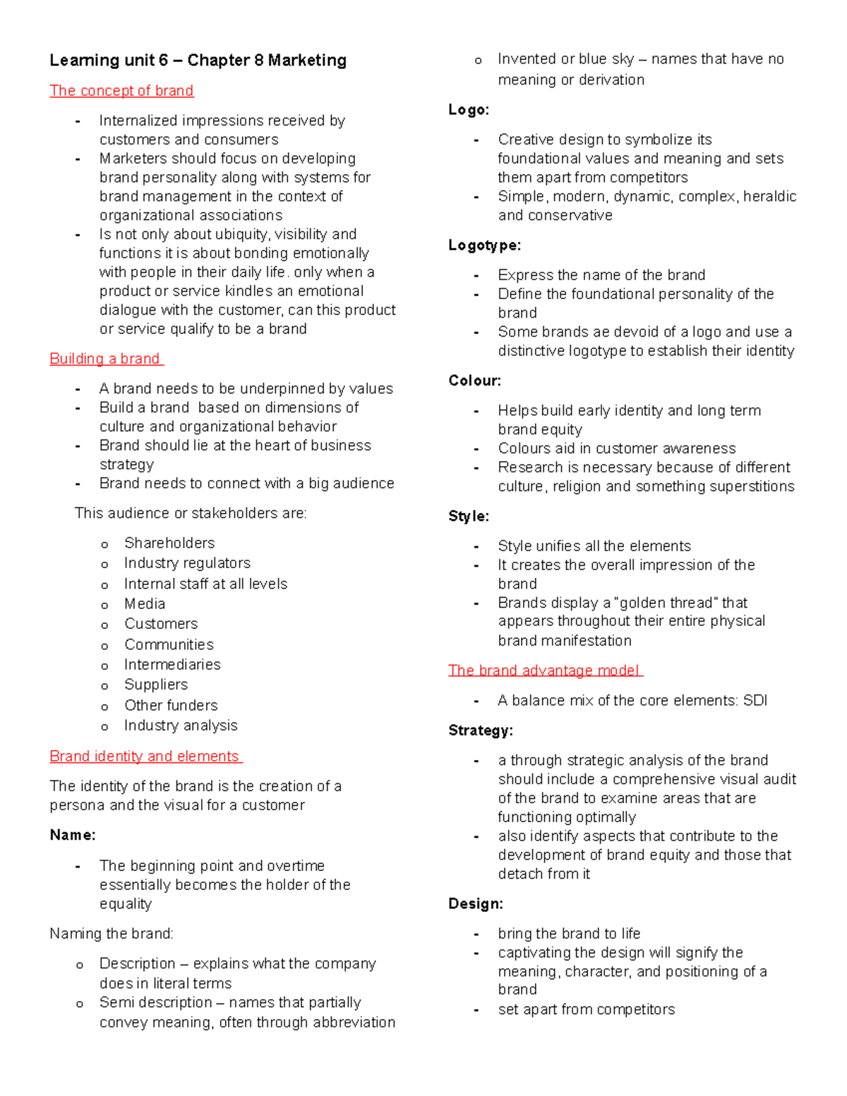 Learning unit 6 Notes - Learning unit 6 – Chapter 8 Marketing The ...