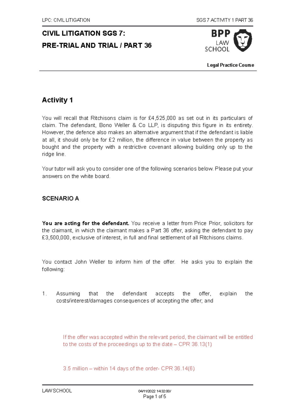 Civil Litigation SGS 7 Activity 1 - Part 36 consequences - LPC: CIVIL ...