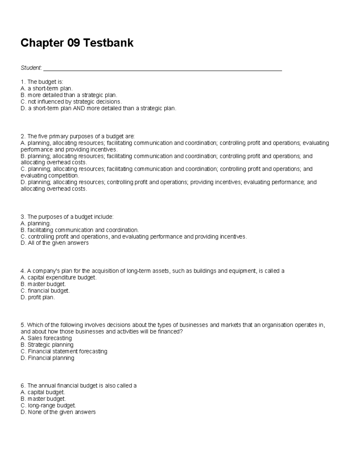 Test Chapter-09-, Answers - Chapter 09 Testbank Student: - Studocu