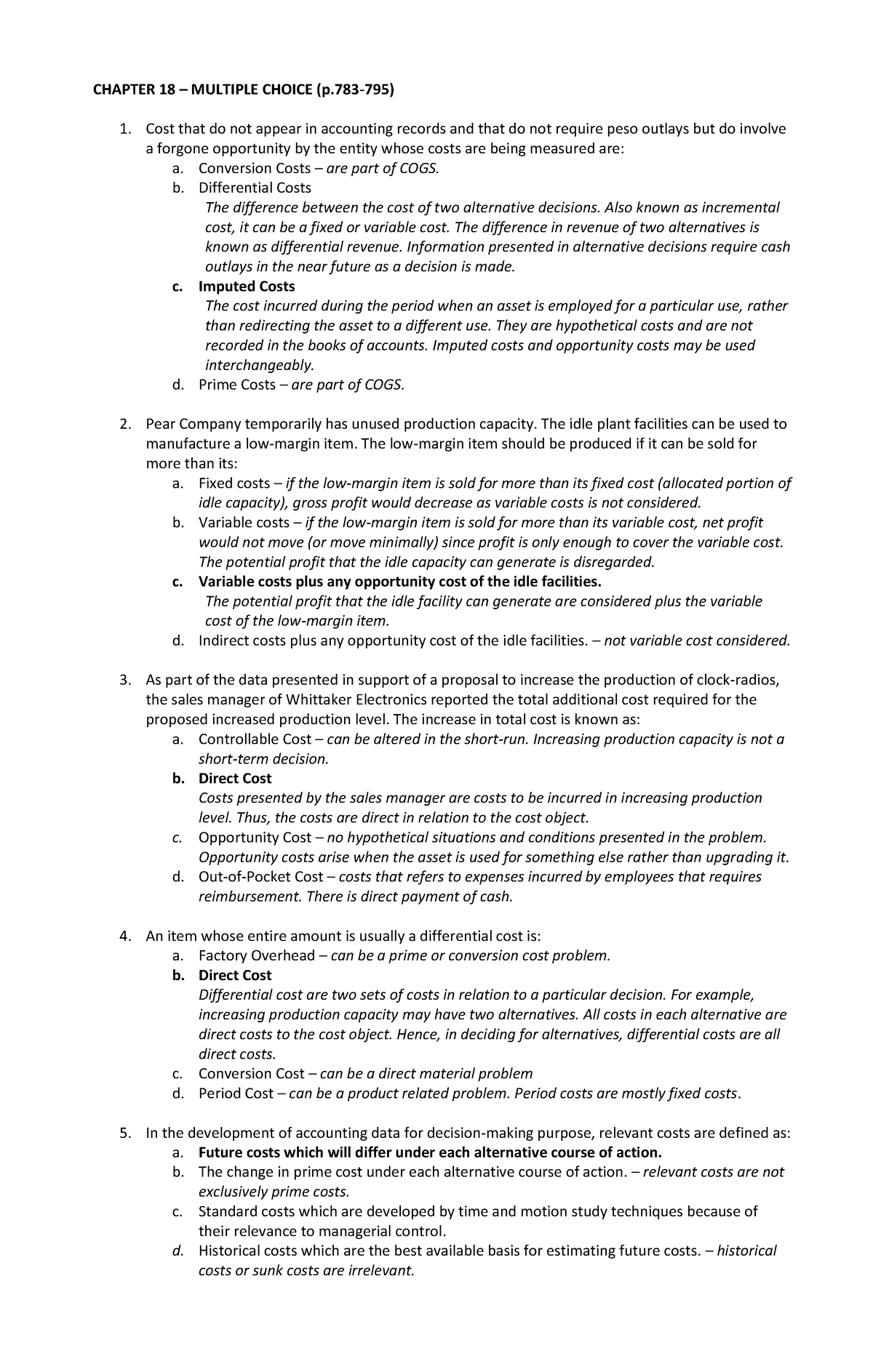 Chapter-11- Answer - CHAPTER 18 – MULTIPLE CHOICE (p-795) Cost that do ...