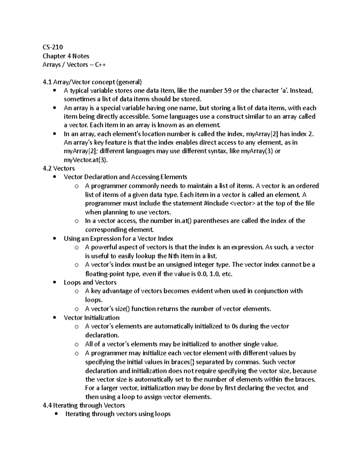 Chapter 4 Notes - ZyBooks - CS- Chapter 4 Notes Arrays / Vectors – C++ ...