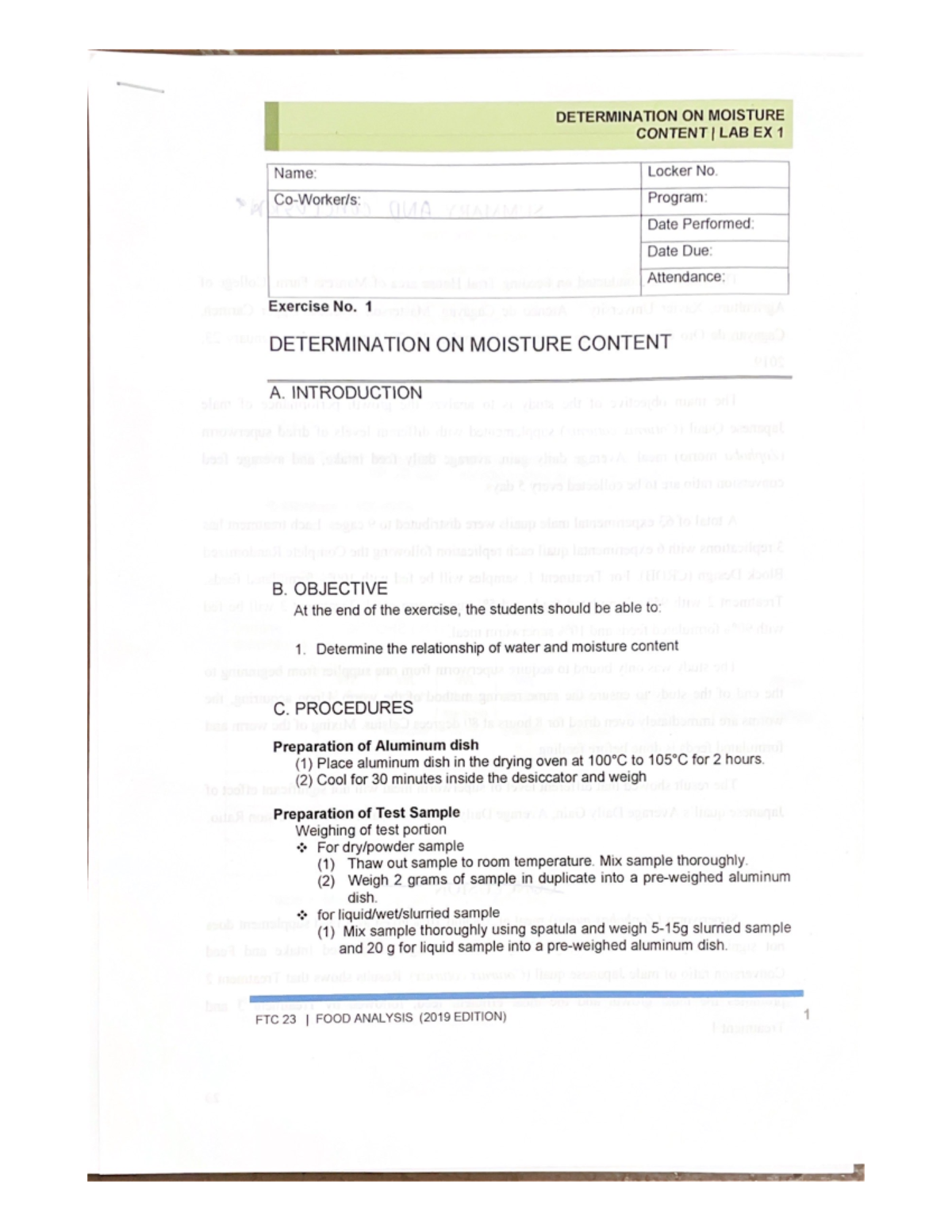 Laboratory 1 - determination of moisture content - Food technology ...