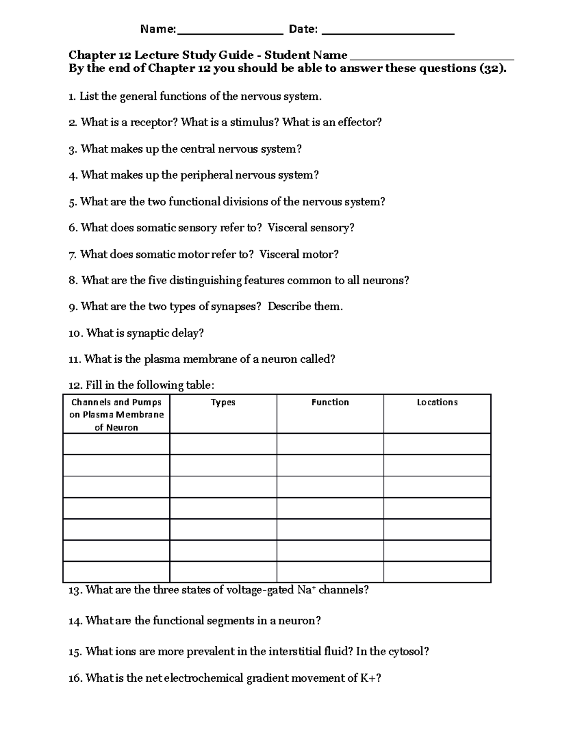 Ch 12 Lecture Study Guide - List the general functions of the nervous ...