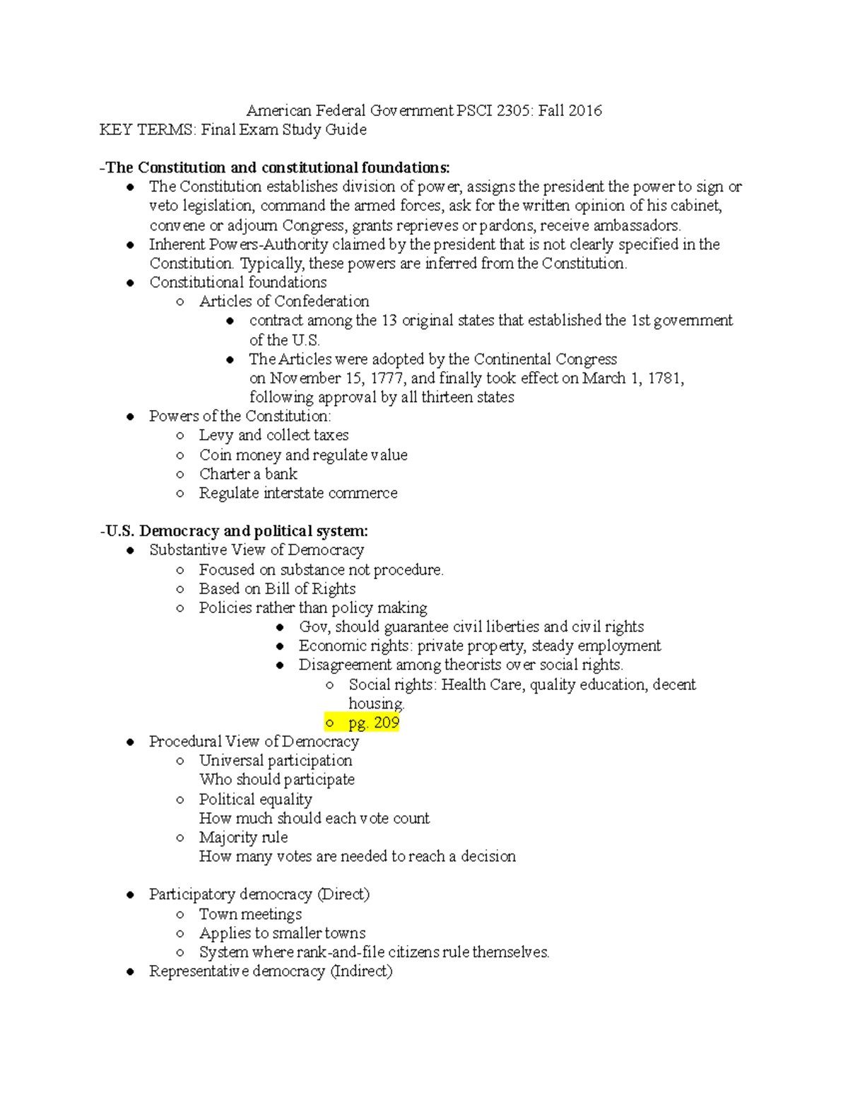 Final Exam Study Guide Government - American Federal Government PSCI ...