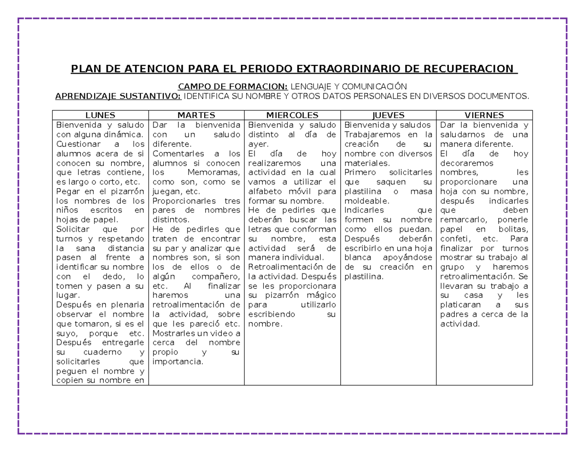PLAN DE Recuperacion Extraordinario 3A Melaque - PLAN DE ATENCION PARA