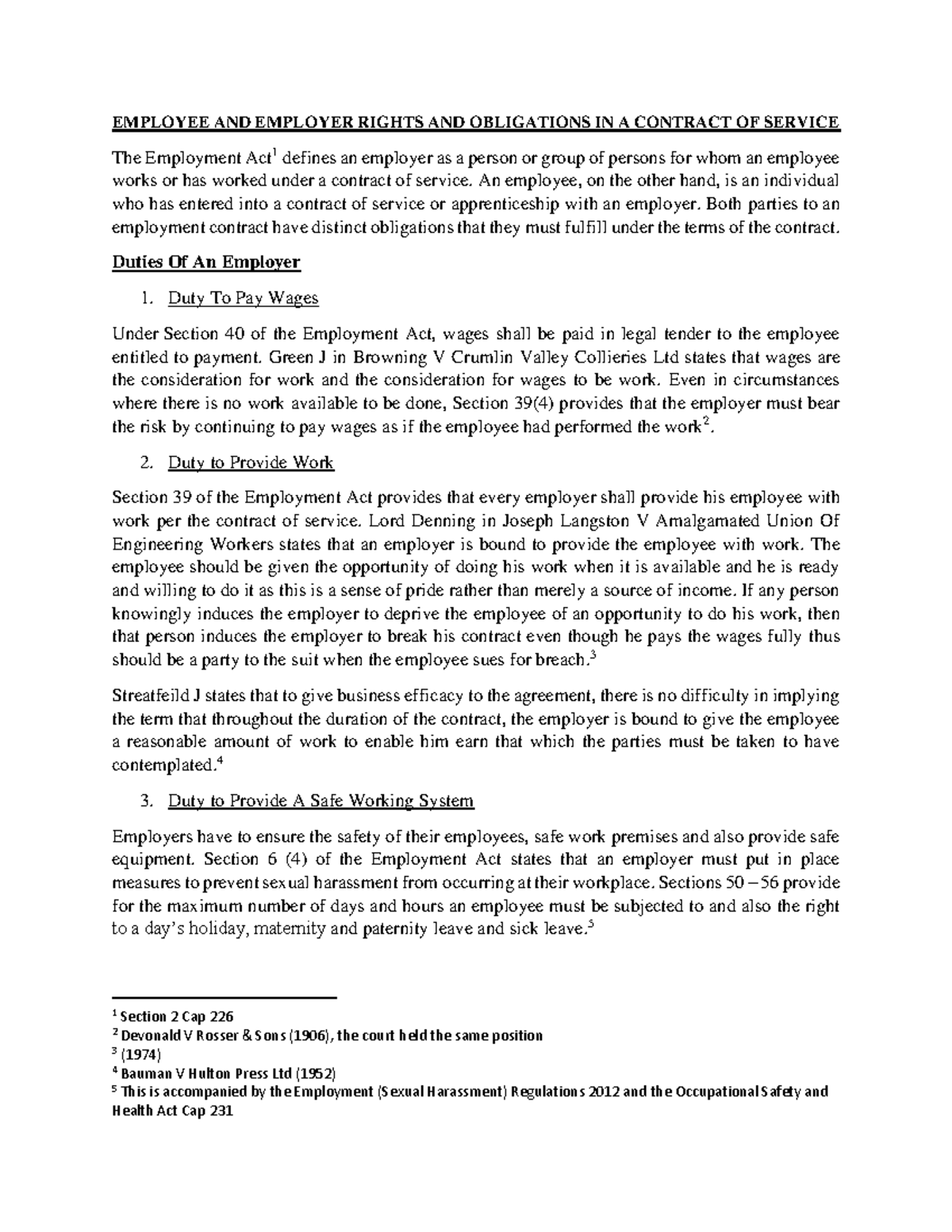 Obligations of Parties to a Contract Of Service - EMPLOYEE AND EMPLOYER ...