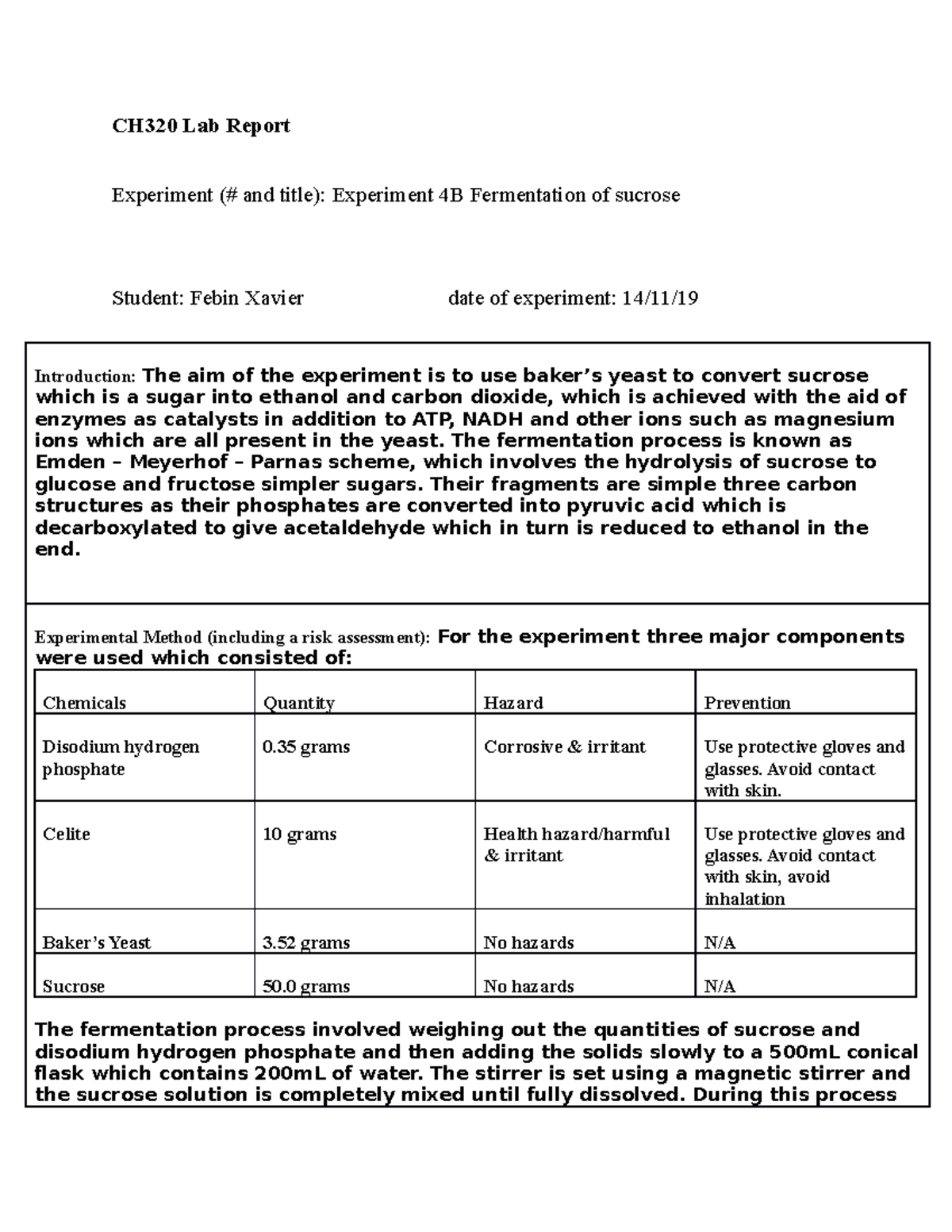 Expermient 4B fermentation of sucrose - CH320 Lab Report Experiment ...