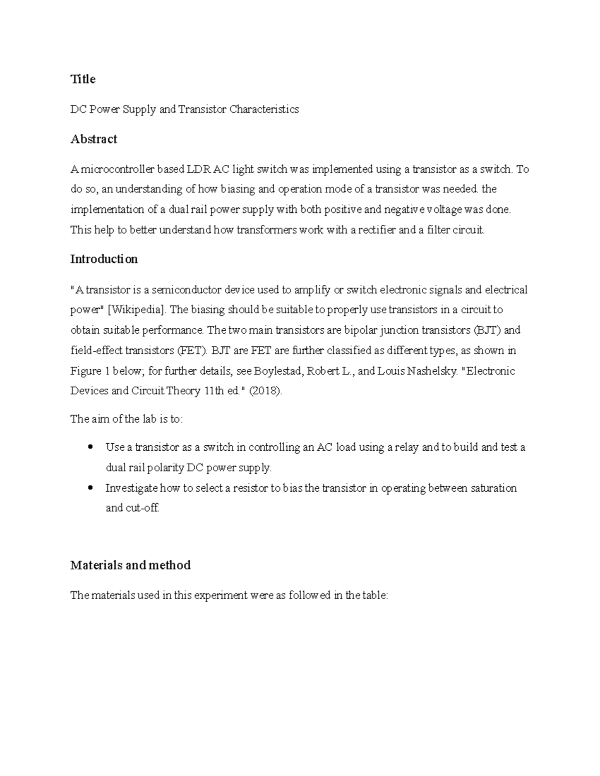 ENGR2205 LAB3 62014 8913 Title DC Power Supply and Transistor