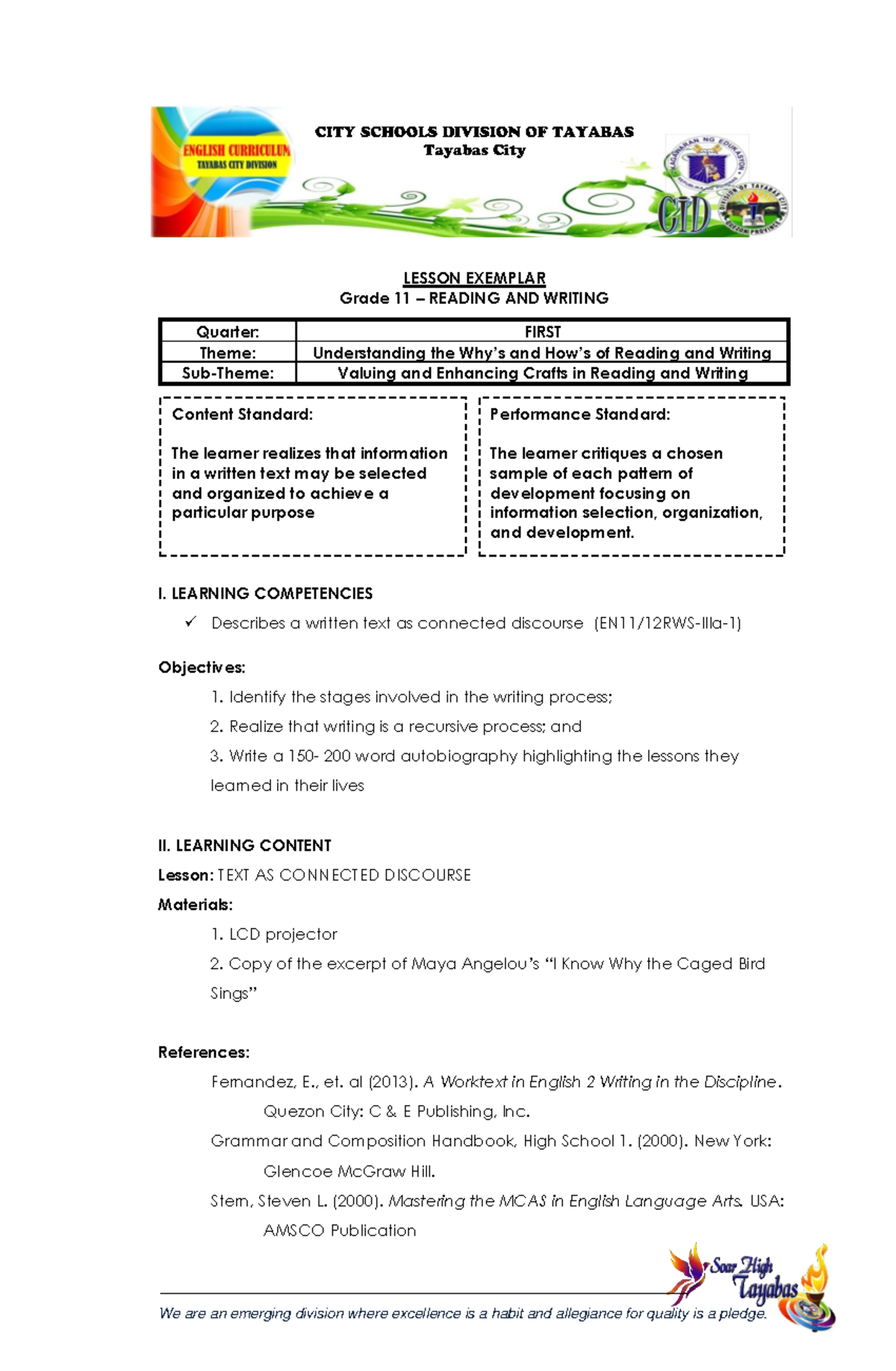 Reading and Writing Lessons Grade 11 from a source LESSON EXEMPLAR