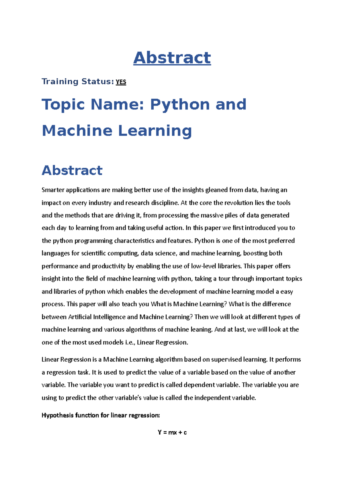 Abstract 2 - Summary On Machine Learning - Abstract Training Status ...
