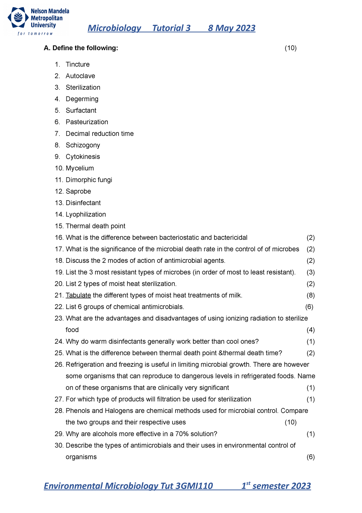 Tutorial 3 - May 2023 - for test preparationb - Microbiology Tutorial 3 ...